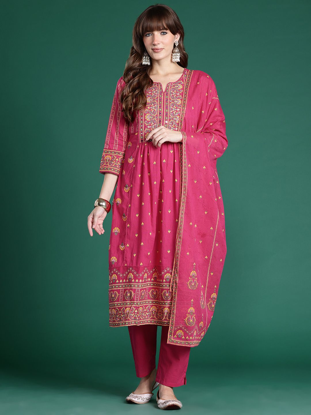 Dhiyona IE Floral Printed Panelled Mirror Work Pure Cotton Kurta Set