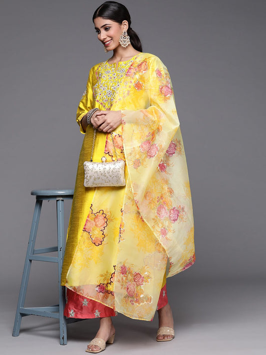 Dhiyona VA Women's Mustard Yellow Floral Embroidered Kurta with Trousers & Dupatta