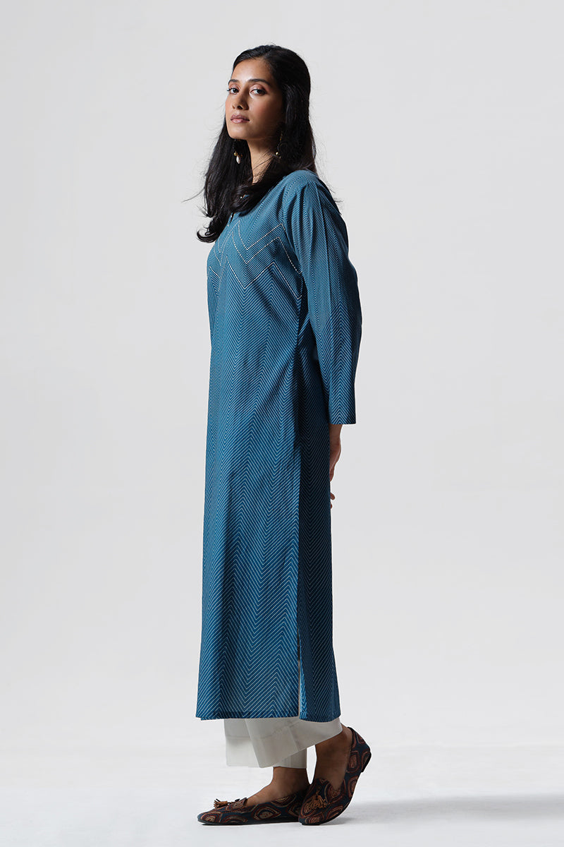 Women's Indigo Blue Cotton Kurta and Cream Bottom Set