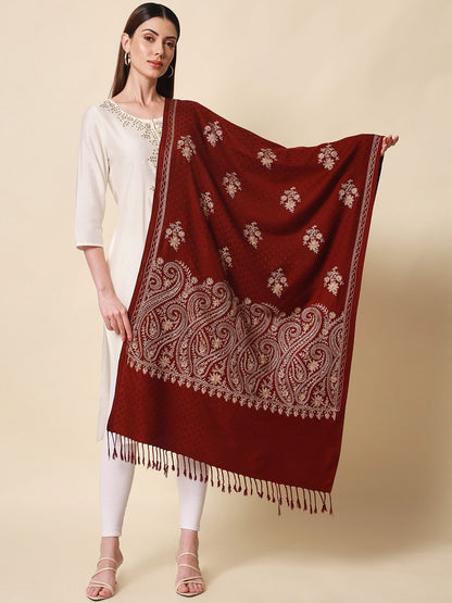 Dhiyona PA Women Wine Aari Embroidered Shawl