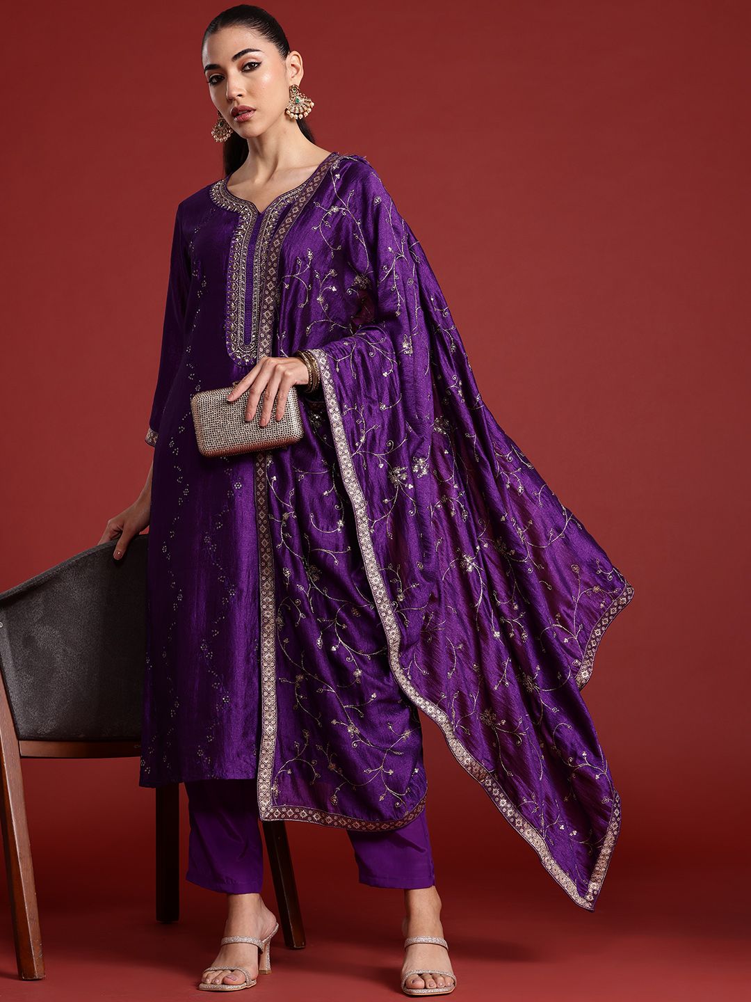Dhiyona IE Floral Embroidered Sequinned Kurta With Trousers & Dupatta