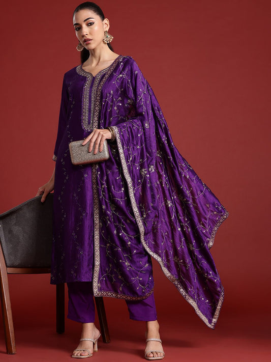 Dhiyona IE Floral Embroidered Sequinned Kurta With Trousers & Dupatta
