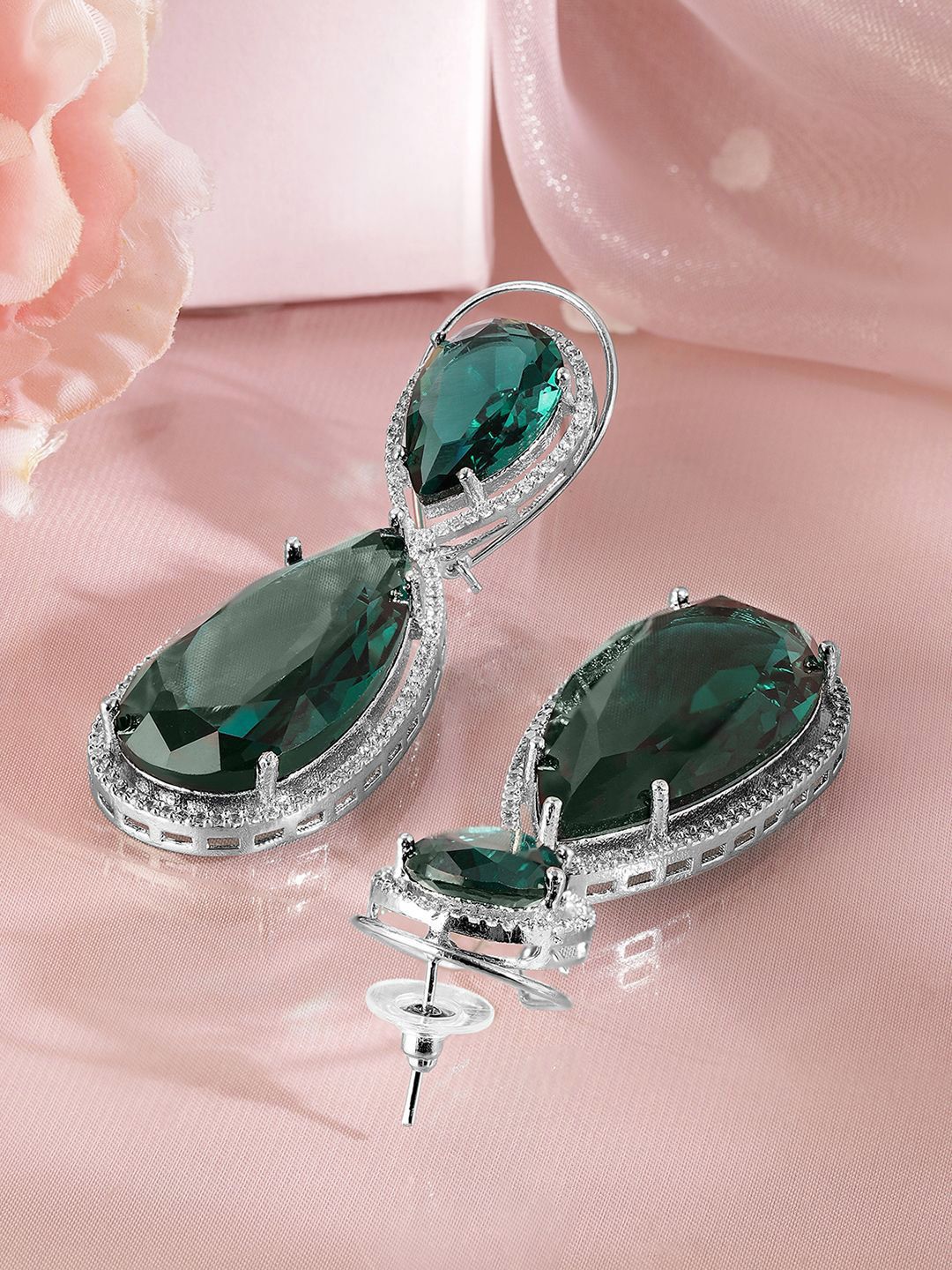 Dhiyona RJ Women's Rhodium-Plated Emerald Green & Cubic Zirconia Studded Premium Drop Earrings
