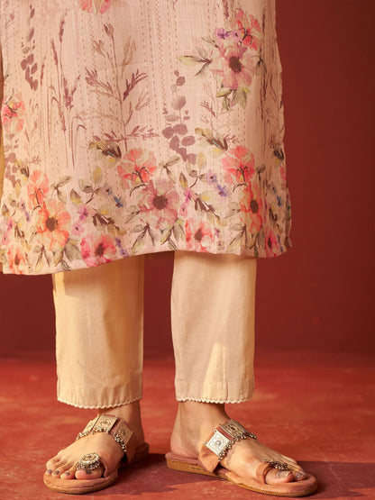 Women Floral Embroidered Linen Kurta with Trousers & Dupatta