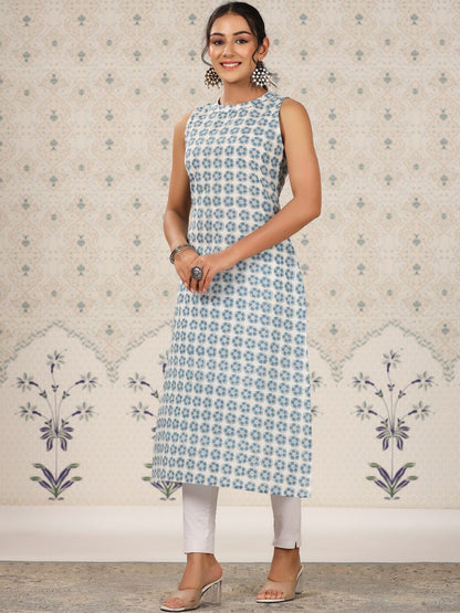 Dhiyona OD  Floral Printed Sleeveless A-Line Cotton Kurta