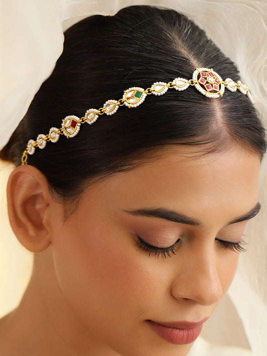 Dhiyona RJ Women's 18K Gold-Plated Red, Green & White Kundan & Pearl Beaded Matha Patti Head Jewellery