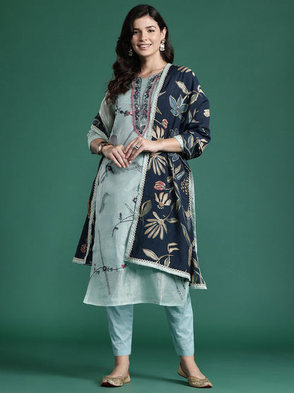 Dhiyona IE Floral Embroidered Thread Work Pure Cotton Kurta with Trousers & With Dupatta
