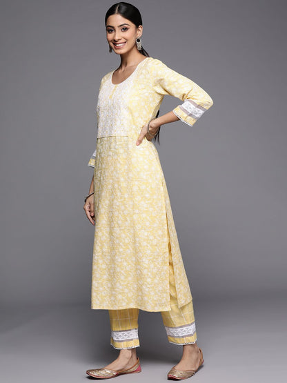 Women Yellow Embroidered Thread Work Kurta with Trousers & Dupatta