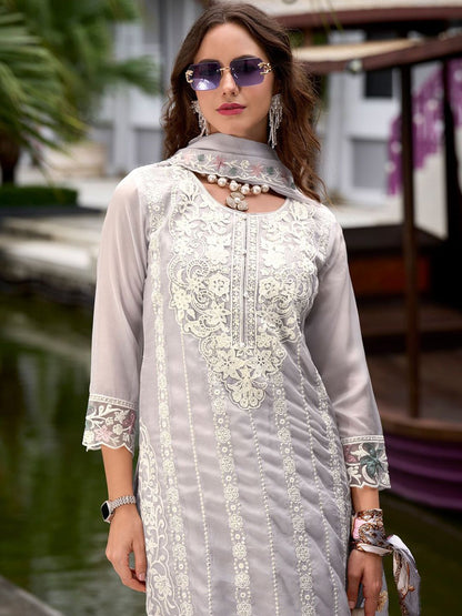 Floral Embroidered Sequinned Straight Kurta with Trouser & Dupatta