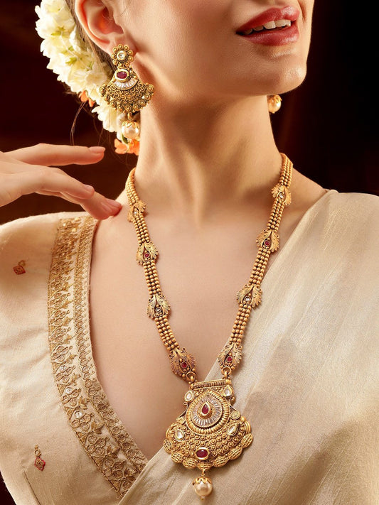 Dhiyona RJ Women's 22K Gold-Plated Ruby Kundan Studded Temple Necklace Set with Pearl Drops