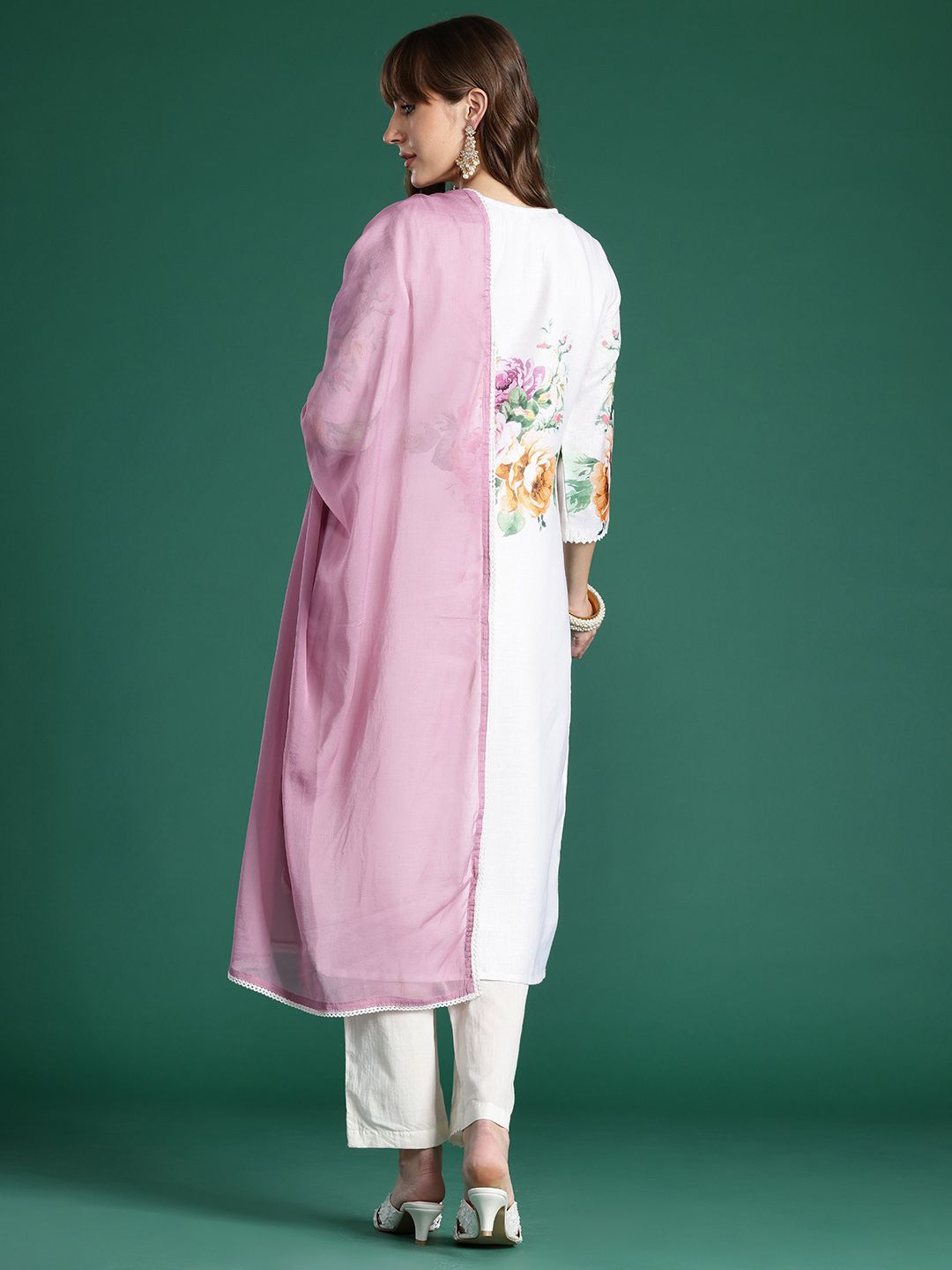 Floral Printed Beads and Stones Linen Kurta with Trousers & With Dupatta
