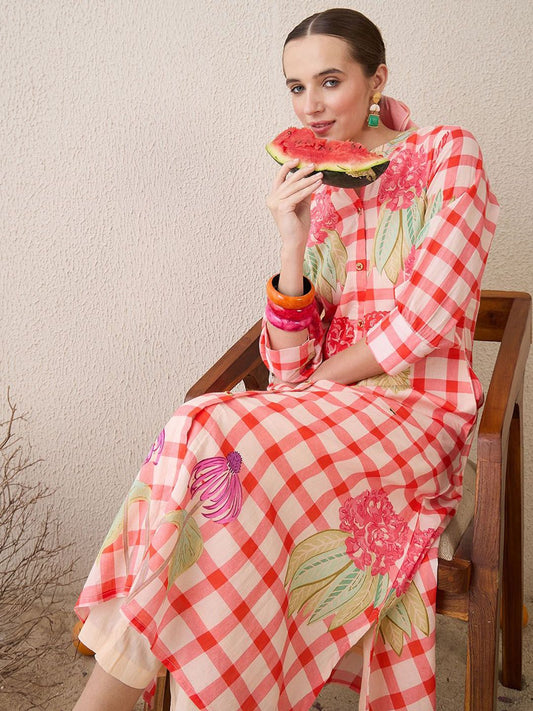 Dhiyona IE Floral Printed Mandarin Collar Pure Cotton A-Line Kurta With Trouser