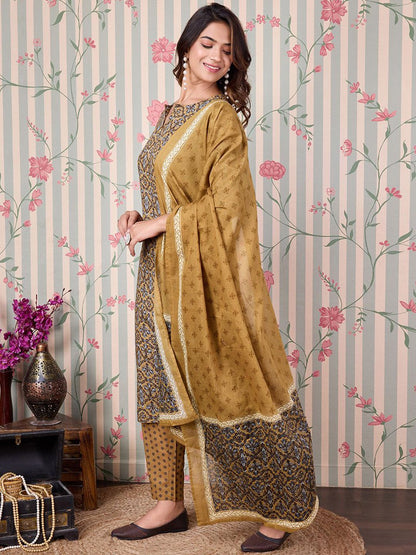 Dhiyona OD  Floral Printed Regular Pure Cotton Kurta with Trousers & Dupatta