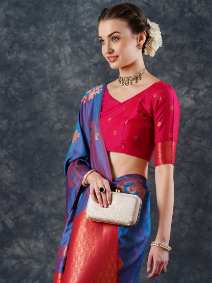 Women's Silk Blend Teal blue Woven Design Designer Saree With Blouse Piece