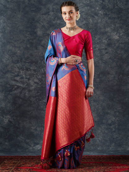 Women's Silk Blend Teal blue Woven Design Designer Saree With Blouse Piece