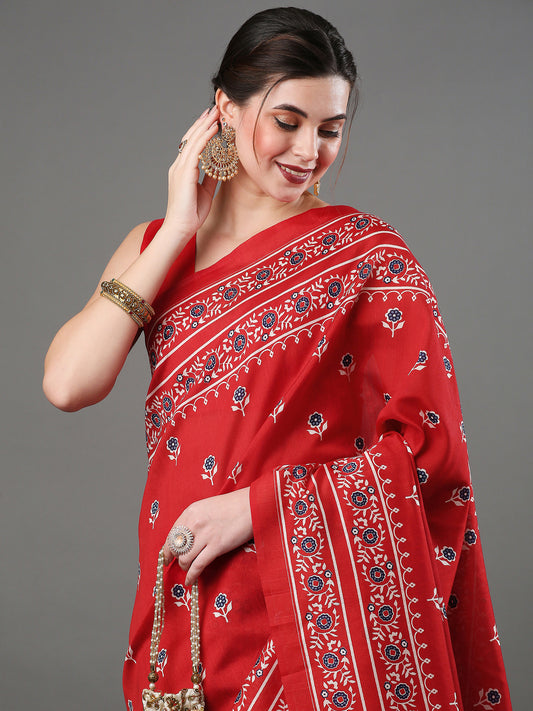 Women's Bhagalpuri Silk Red Printed Designer Saree With Blouse Piece