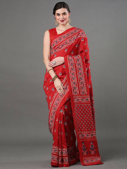 Women's Bhagalpuri Silk Red Printed Designer Saree With Blouse Piece