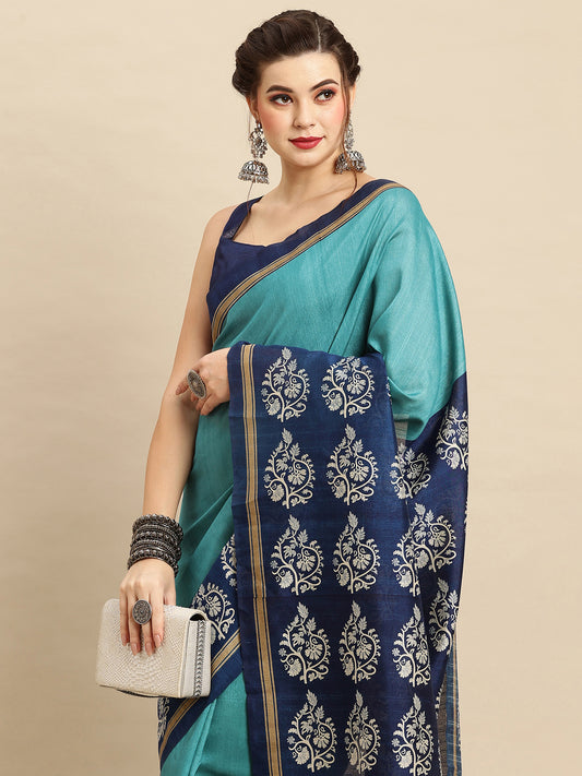 Women's Bhagalpuri Silk Blue Printed Designer Saree With Blouse Piece