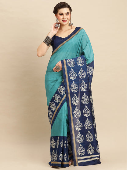 Women's Bhagalpuri Silk Blue Printed Designer Saree With Blouse Piece