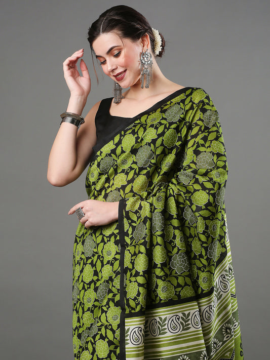 Women's Bhagalpuri Silk Green Printed Designer Saree With Blouse Piece