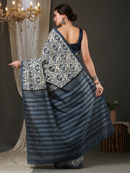 Women's Bhagalpuri Silk Off White Printed Designer Saree With Blouse Piece
