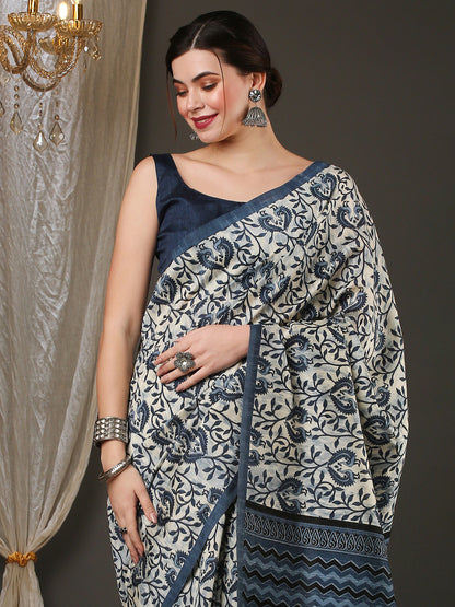 Women's Bhagalpuri Silk Off White Printed Designer Saree With Blouse Piece
