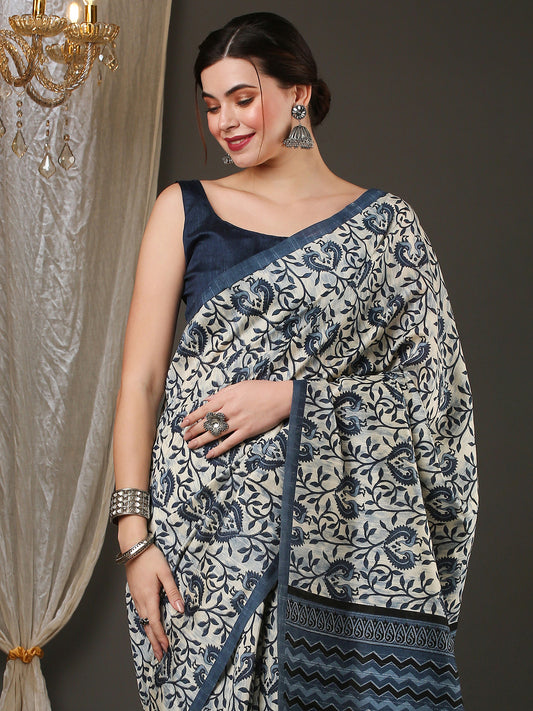 Women's Bhagalpuri Silk Off White Printed Designer Saree With Blouse Piece