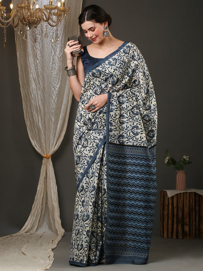 Women's Bhagalpuri Silk Off White Printed Designer Saree With Blouse Piece