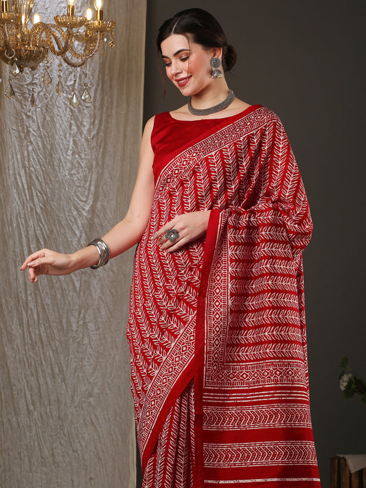 Women's Bhagalpuri Silk Red Printed Designer Saree With Blouse Piece