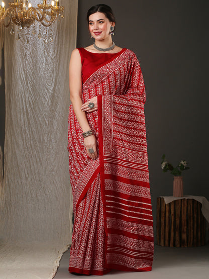 Women's Bhagalpuri Silk Red Printed Designer Saree With Blouse Piece