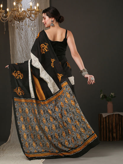 Women's Bhagalpuri Silk Black Printed Designer Saree With Blouse Piece