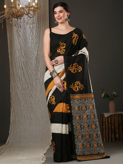 Women's Bhagalpuri Silk Black Printed Designer Saree With Blouse Piece