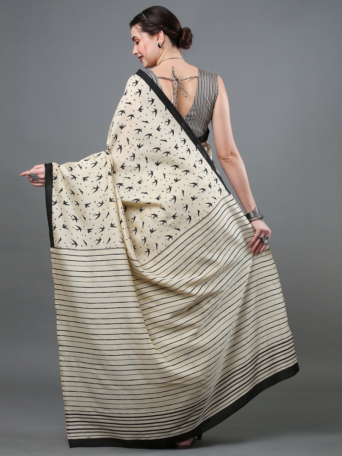 Women's Bhagalpuri Silk Cream Printed Designer Saree With Blouse Piece