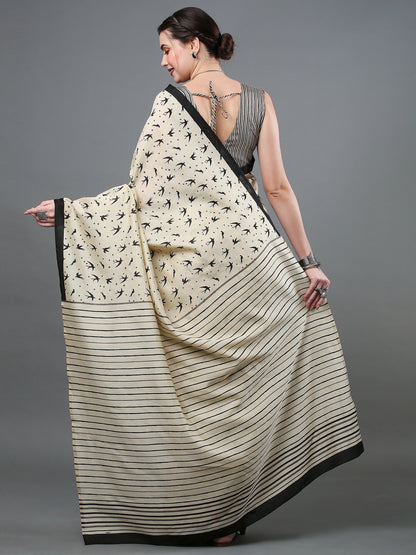 Women's Bhagalpuri Silk Cream Printed Designer Saree With Blouse Piece