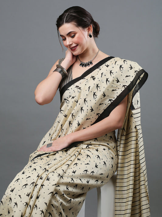 Women's Bhagalpuri Silk Cream Printed Designer Saree With Blouse Piece