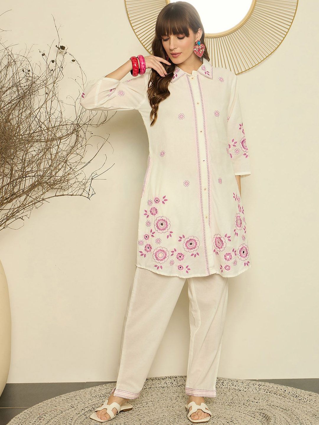 Dhiyona IE Women Embroidered Shirt Collar Cotton Top and Trousers Co-Ords