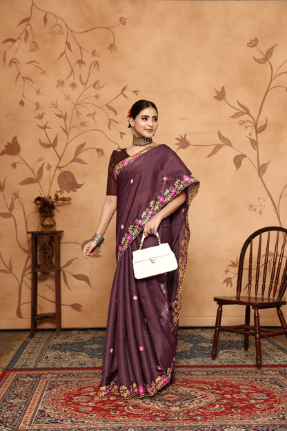 Dhiyona GR Women's Armani Chocolate Brown Jimmi Choo Embroidered Saree