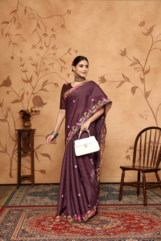 Dhiyona GR Women's Armani Chocolate Brown Jimmi Choo Embroidered Saree