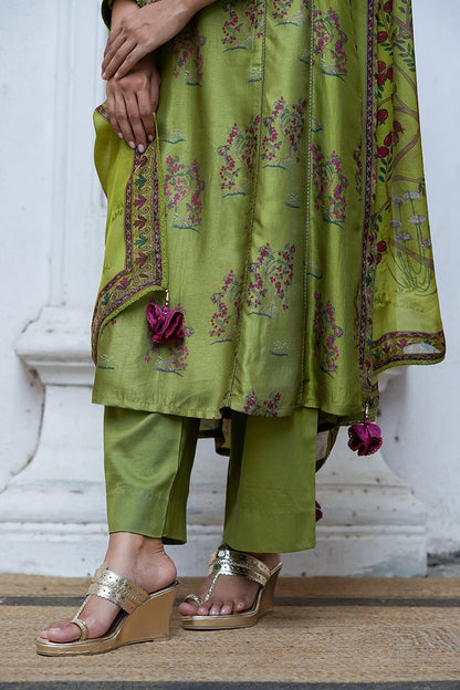 Women's Henna Green Raw Silk Salwar Suit With Organza Dupatta