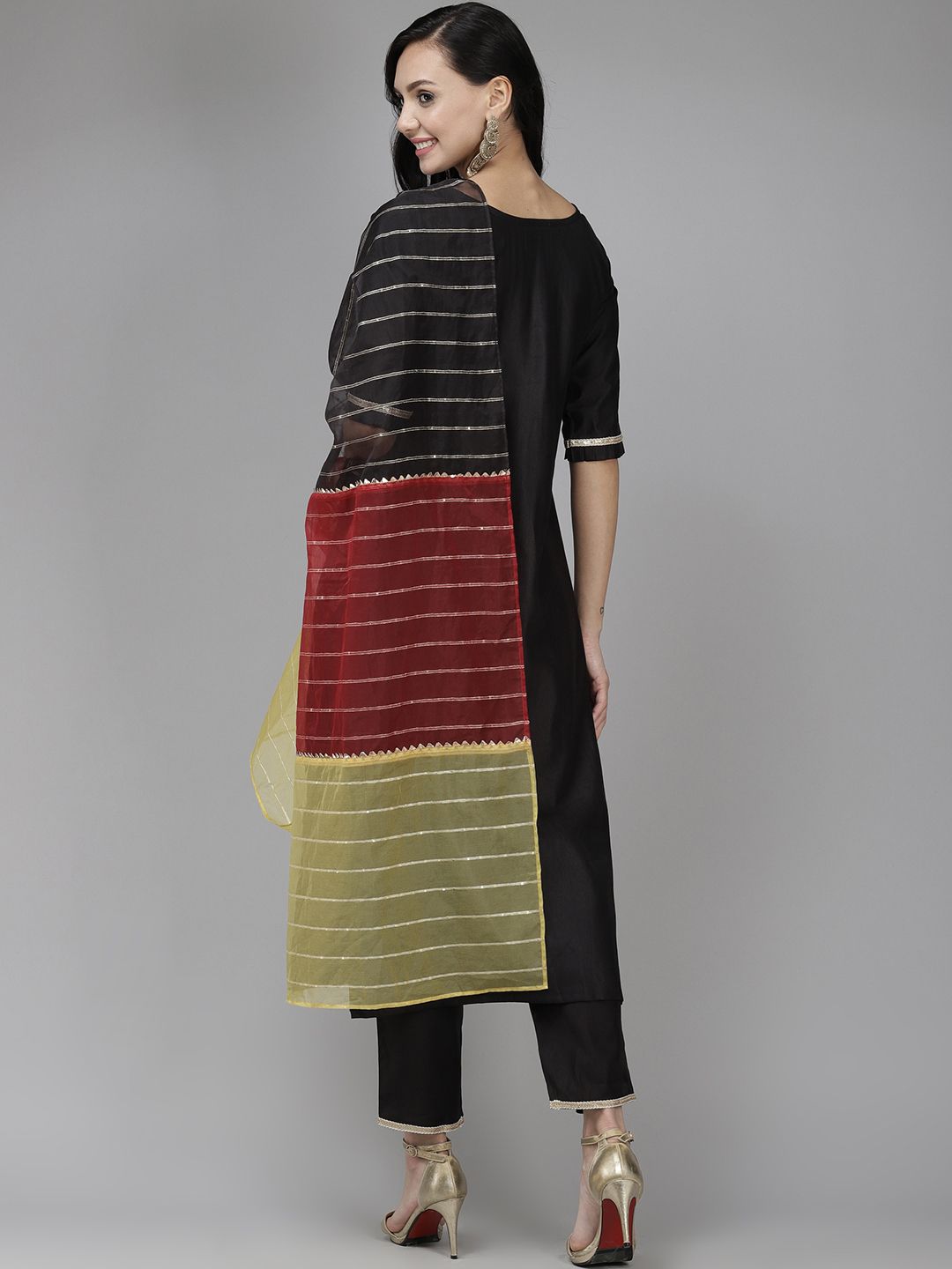 Women Black Regular Thread Work Liva Kurta with Trousers & Dupatta