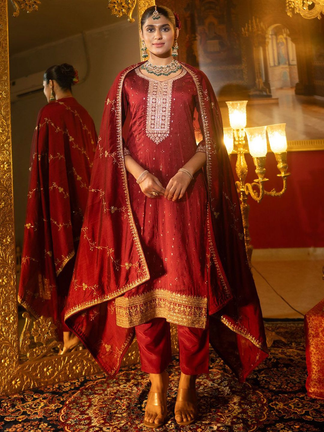 Women Floral Embroidered Sequinned Straight Kurta With Trousers & Dupatta