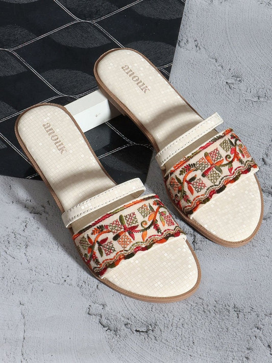 Dhiyona AK Cream-Coloured Embellished Open Toe Flats