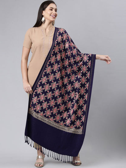 Dhiyona PA Women Navy Blue Aari Embroidered Kashmiri Shawl