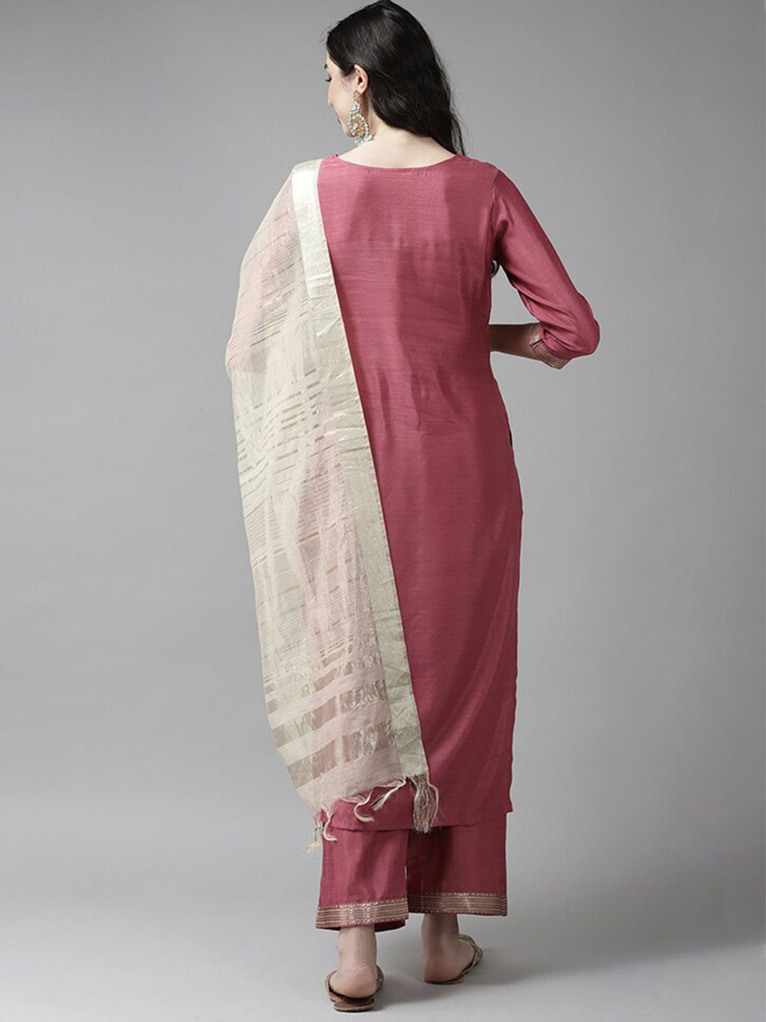 Pink & Off White Ethnic Mottifs Yoke Design Kurta with Palazzos & Dupatta