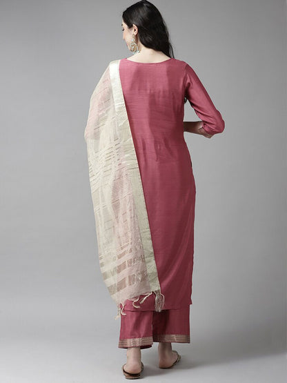 Pink & Off White Ethnic Mottifs Yoke Design Kurta with Palazzos & Dupatta