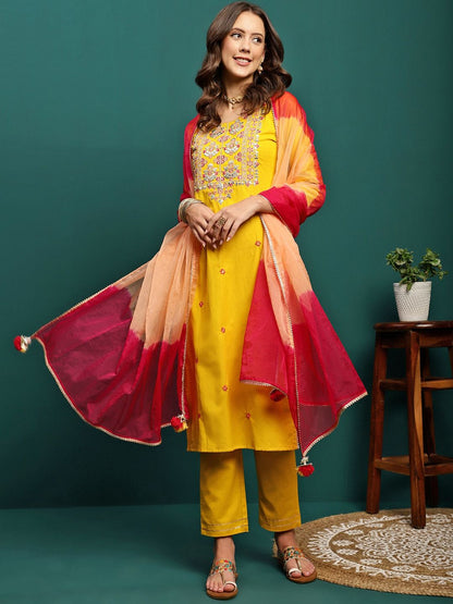 Dhiyona SN Women's Embroidered Round Neck Straight Kurta With Trousers & Dupatta