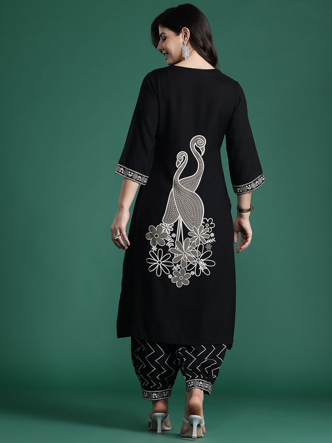 Printed Beads and Stones Detail Kurta with Trousers