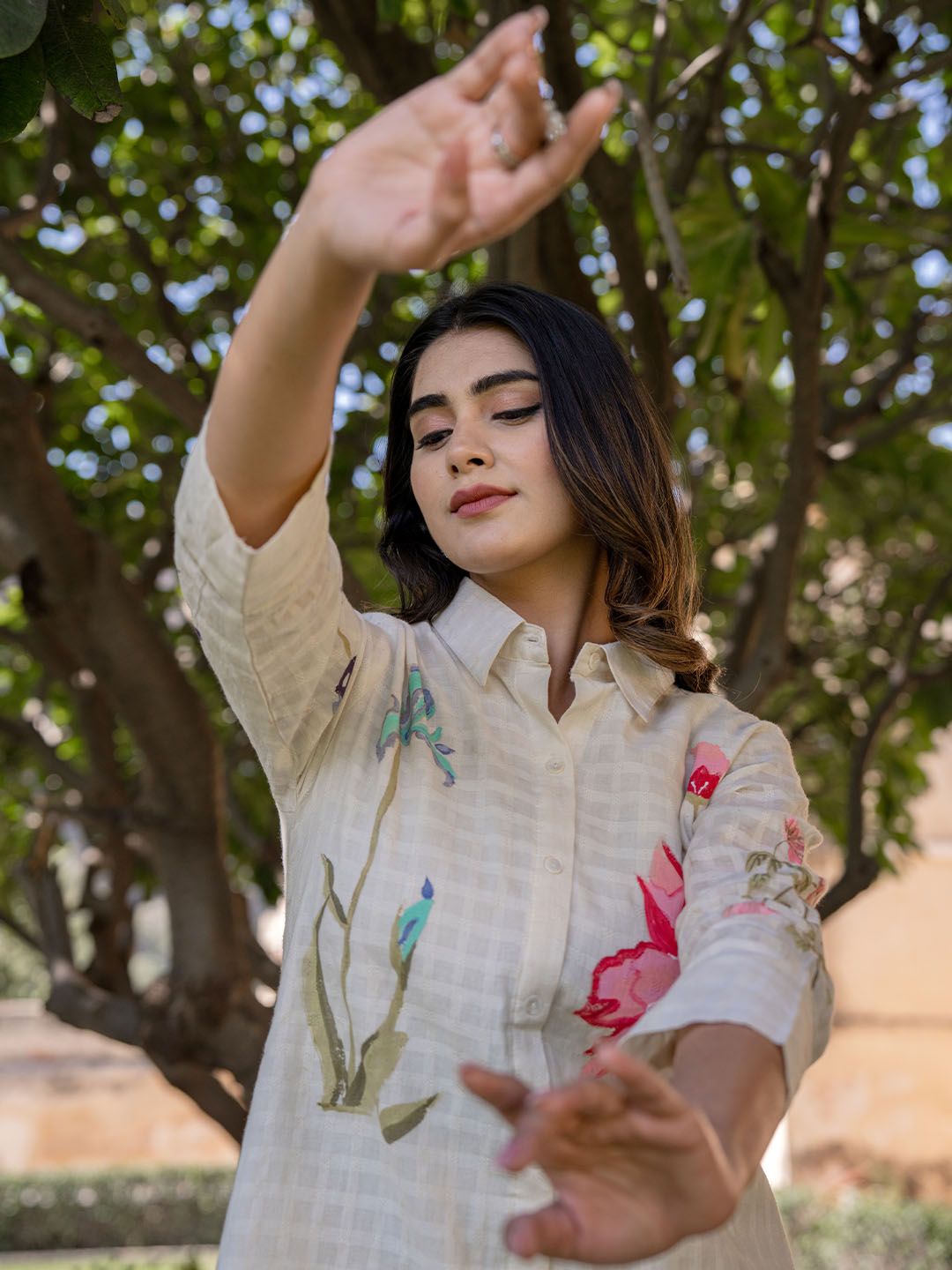 Dhiyona IE Floral Printed Shirt Collar Pure Cotton Tunic With Trouser