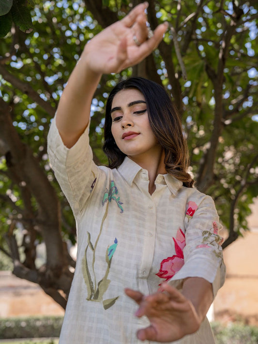 Dhiyona IE Floral Printed Shirt Collar Pure Cotton Tunic With Trouser