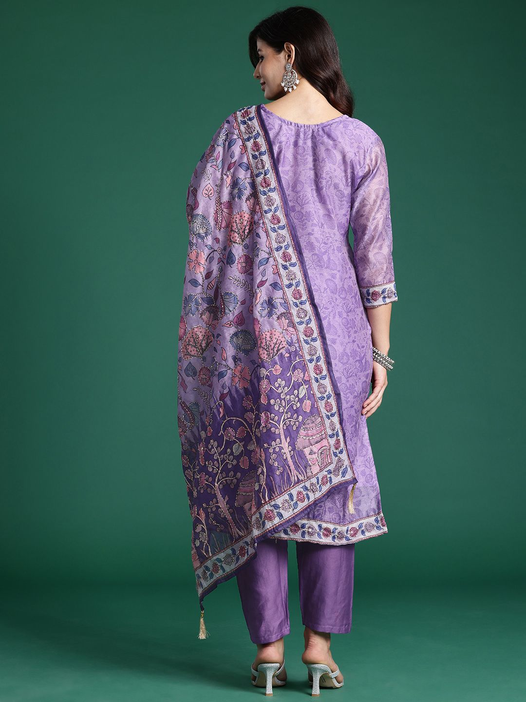 Floral Printed Beads & Stones Chanderi Silk Kurta With Trousers & Dupatta
